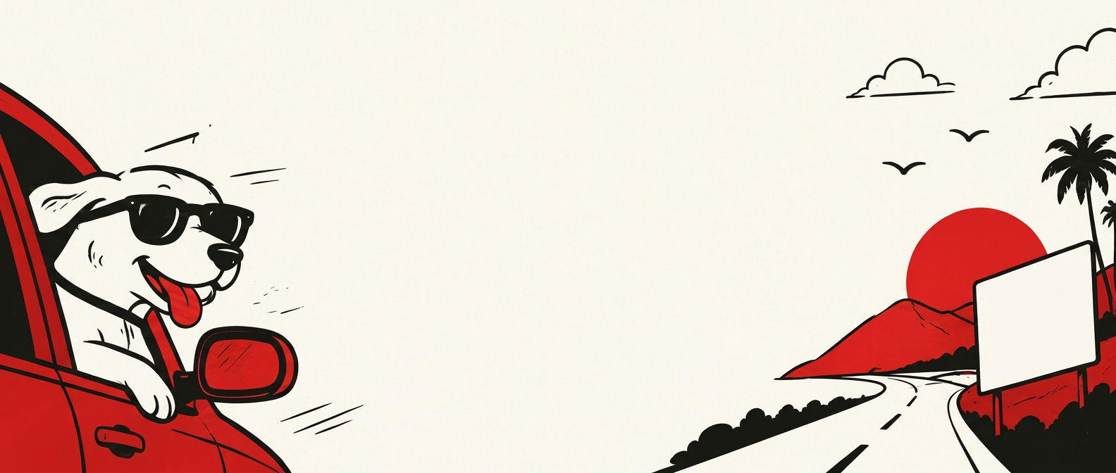 A sunglasses-wearing dog driving toward a red sunset